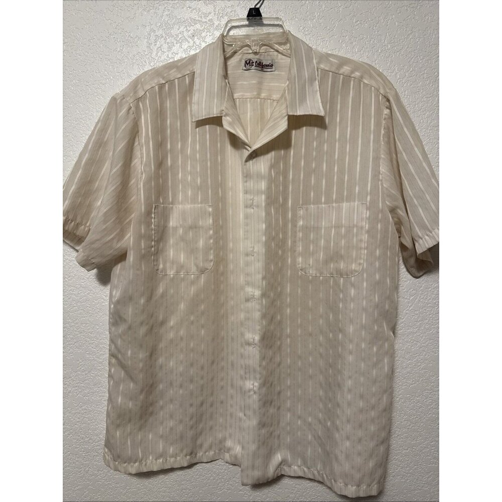Mr California Vintage 70s Shirt White pink Striped Mens L Camp Collar Loop